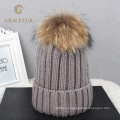 Atacado Personalizado criança criança gorro Mamãe e bebê correspondência de malha de pele de guaxinim real pom pom chapéu inverno